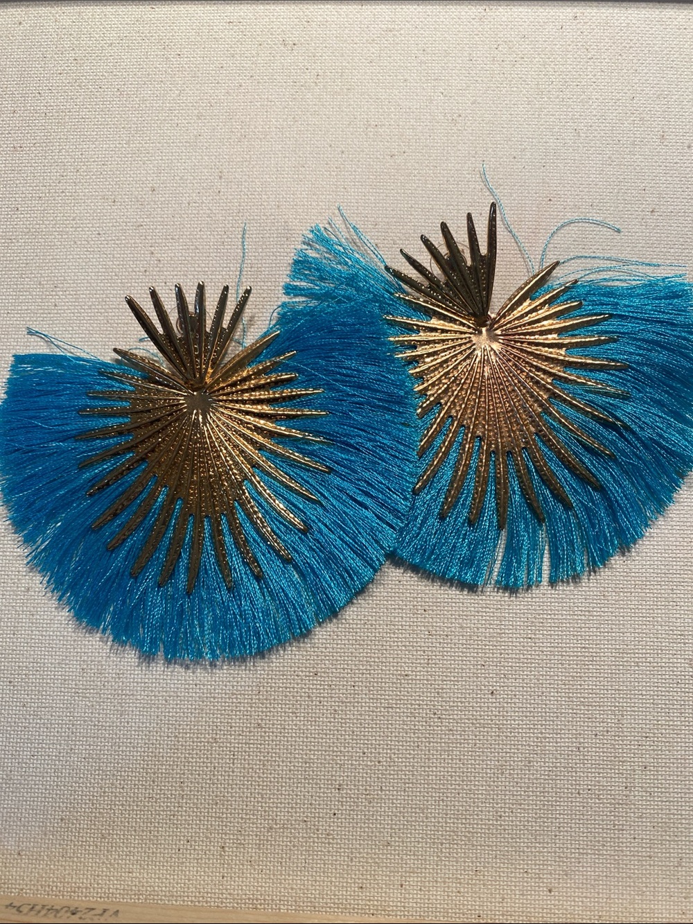 Gold Sunburst Fan Tassel Earrings in Turquoise Blue